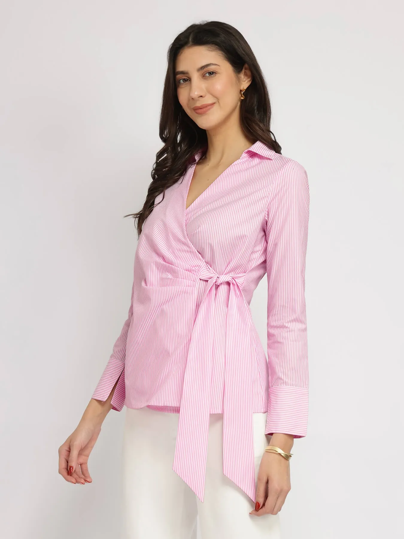 Cotton Blend Wrap Shirt - Pink