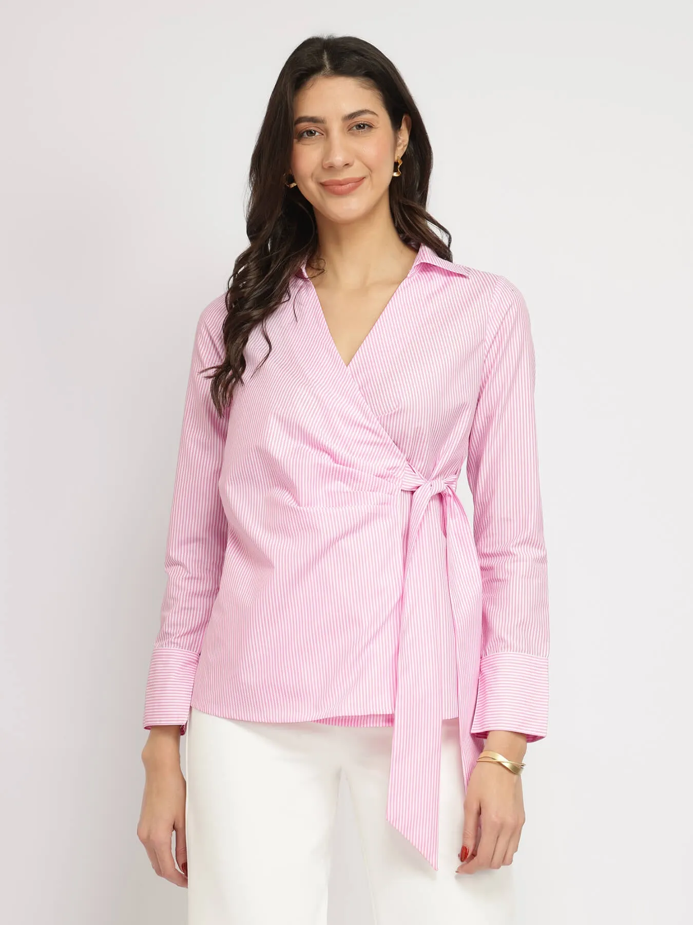 Cotton Blend Wrap Shirt - Pink