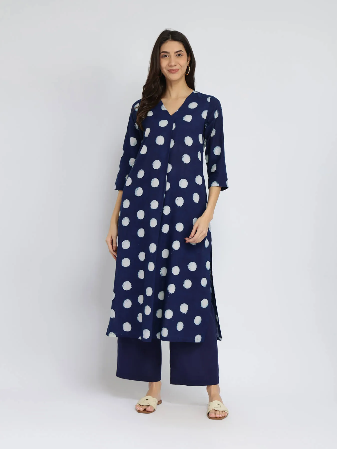 Cotton Dabu Polka Pleated Kurta Set - Indigo