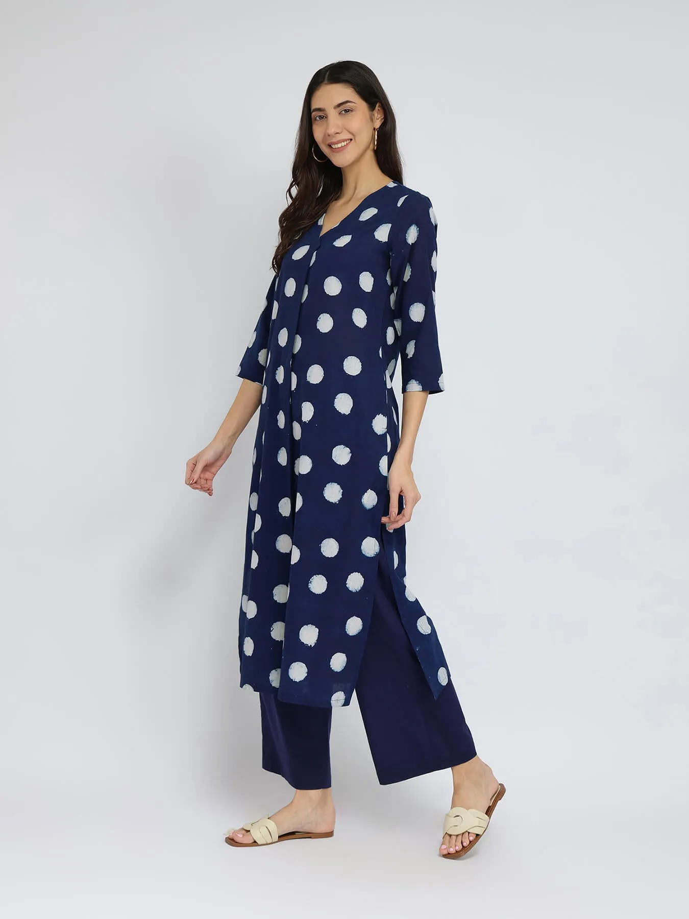 Cotton Dabu Polka Pleated Kurta Set - Indigo