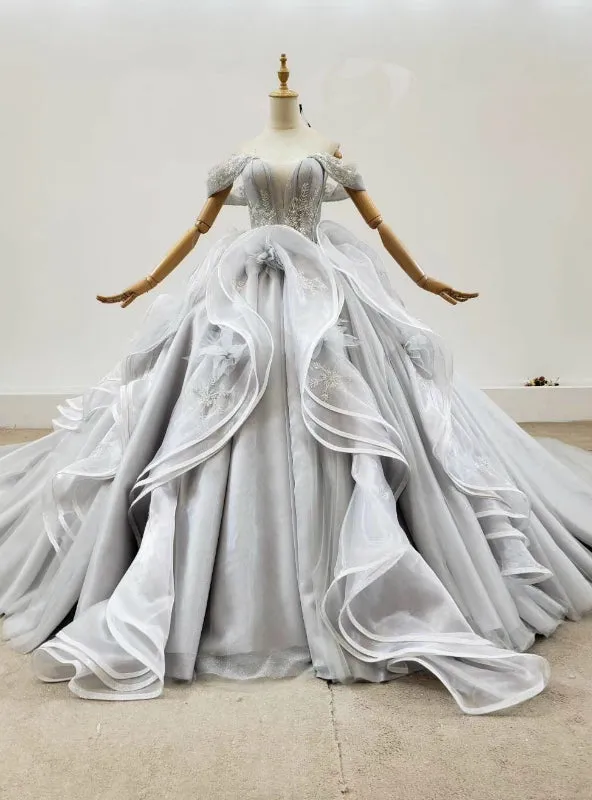 Custom Tailored Gray Ball Gown Tulle Off the Shoulder Appliques Wedding Dress