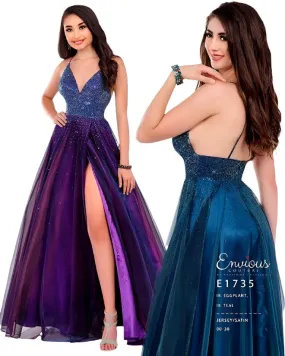 Envious Couture E1735 Size 4, 10, 24 Iridescent Prom Dress Embellished Bodice Wrap A Line Skirt Slit 1735