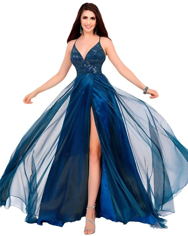 Envious Couture E1735 Size 4, 10, 24 Iridescent Prom Dress Embellished Bodice Wrap A Line Skirt Slit 1735
