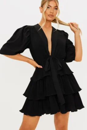 Flared Black Plunge Neck Mini Black Dress