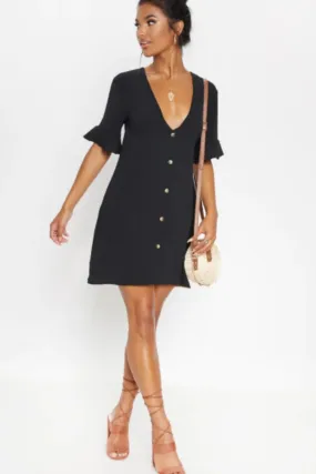 Frill Hem Black Mini Dress