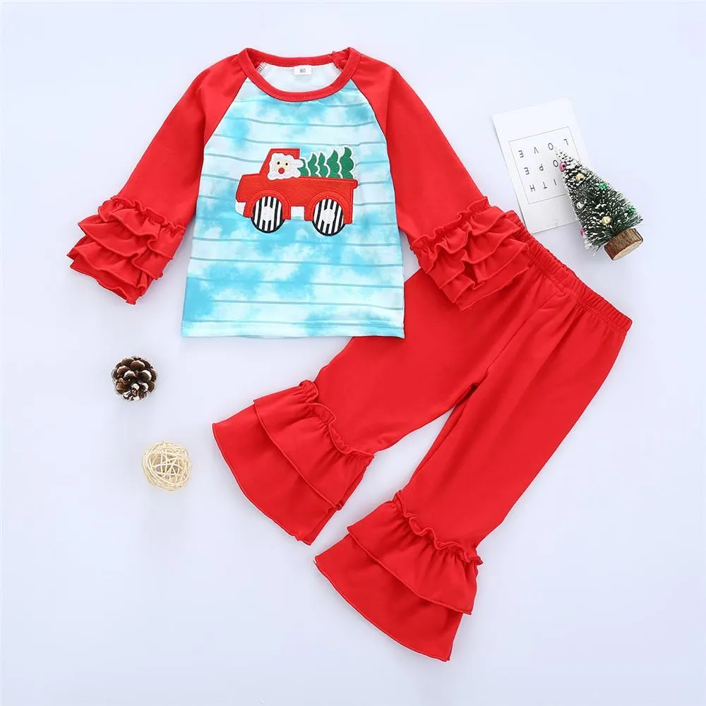 Girls Plaid Cartoon Tie Dye Long Sleeve Top & Flare Pants Wholesale Girls Clothing