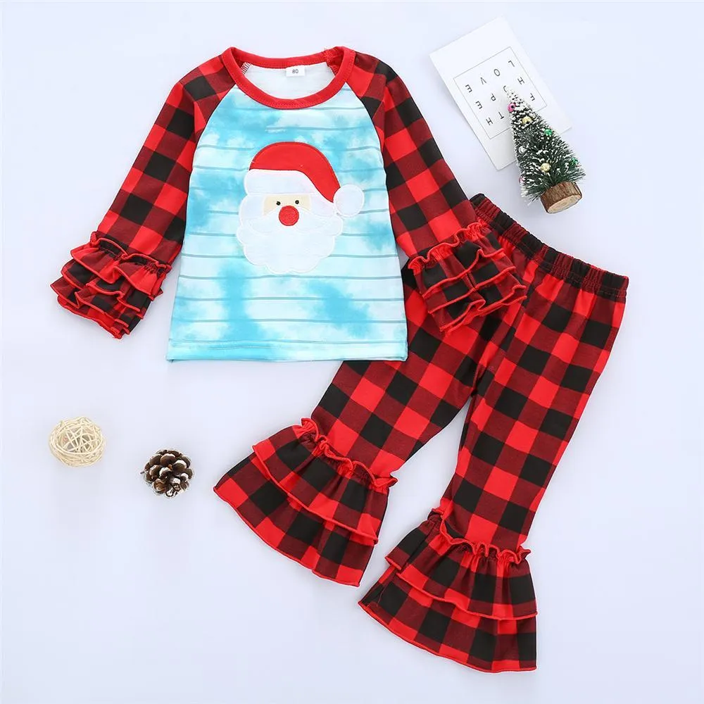 Girls Plaid Cartoon Tie Dye Long Sleeve Top & Flare Pants Wholesale Girls Clothing
