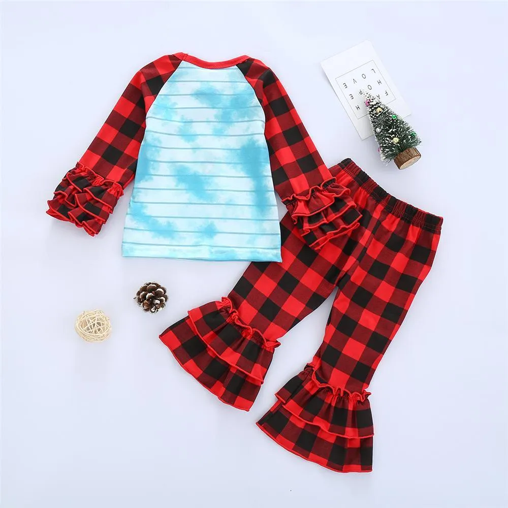 Girls Plaid Cartoon Tie Dye Long Sleeve Top & Flare Pants Wholesale Girls Clothing
