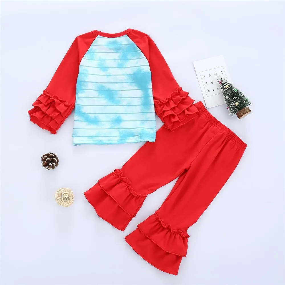 Girls Plaid Cartoon Tie Dye Long Sleeve Top & Flare Pants Wholesale Girls Clothing