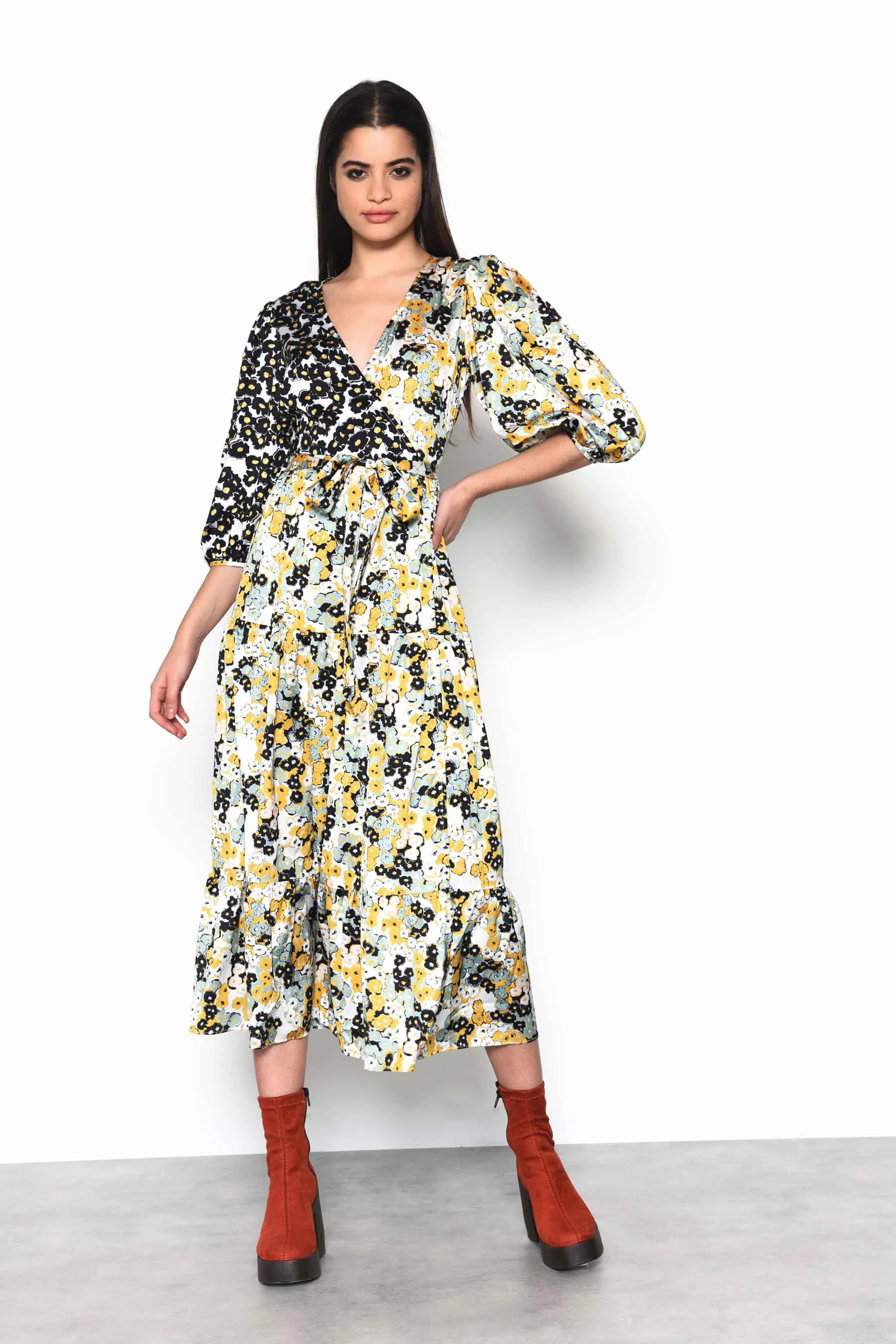 Glamorous Mono Mustard Floral Wrap Front Tiered Midaxi Dress