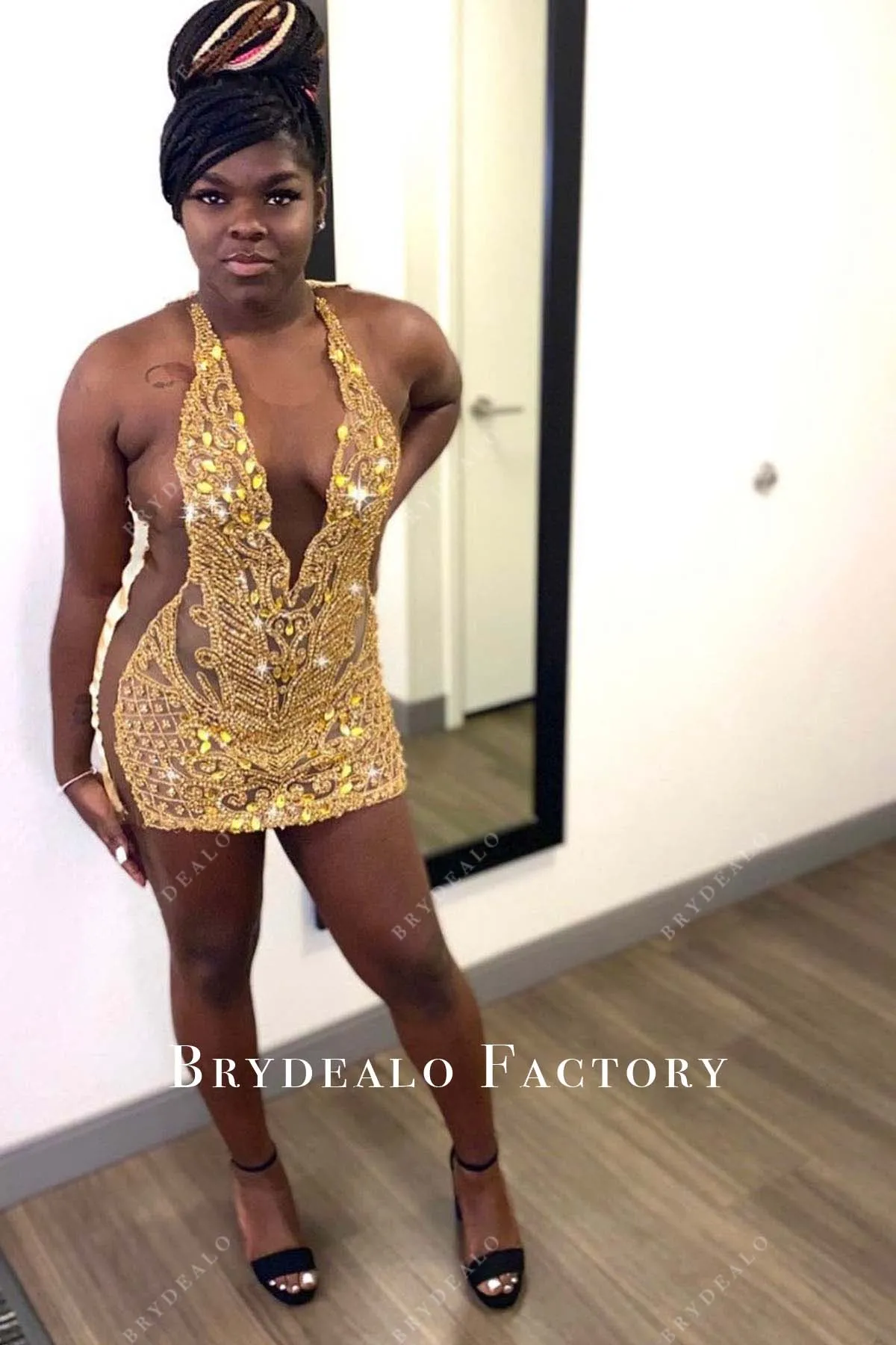 Gold Rhinestones Plunging Halter Neck Sheer Mini Dress
