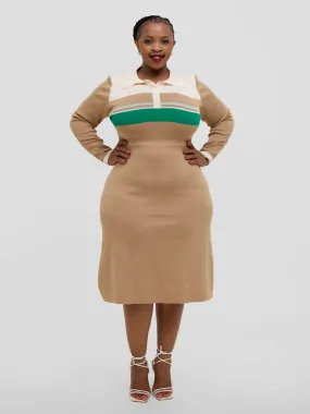 Hessed Long-Sleeve Half-Buttoned Midi Sweater Dress - Beige