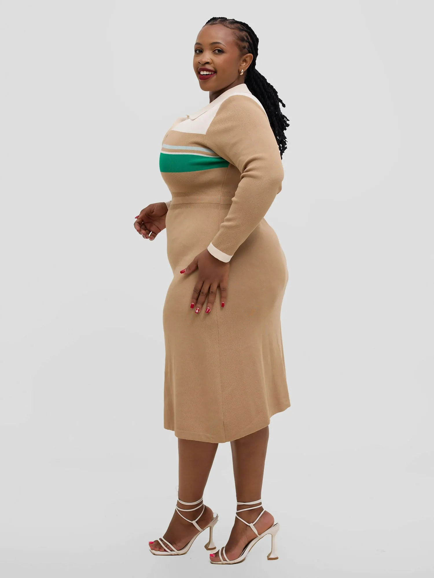 Hessed Long-Sleeve Half-Buttoned Midi Sweater Dress - Beige