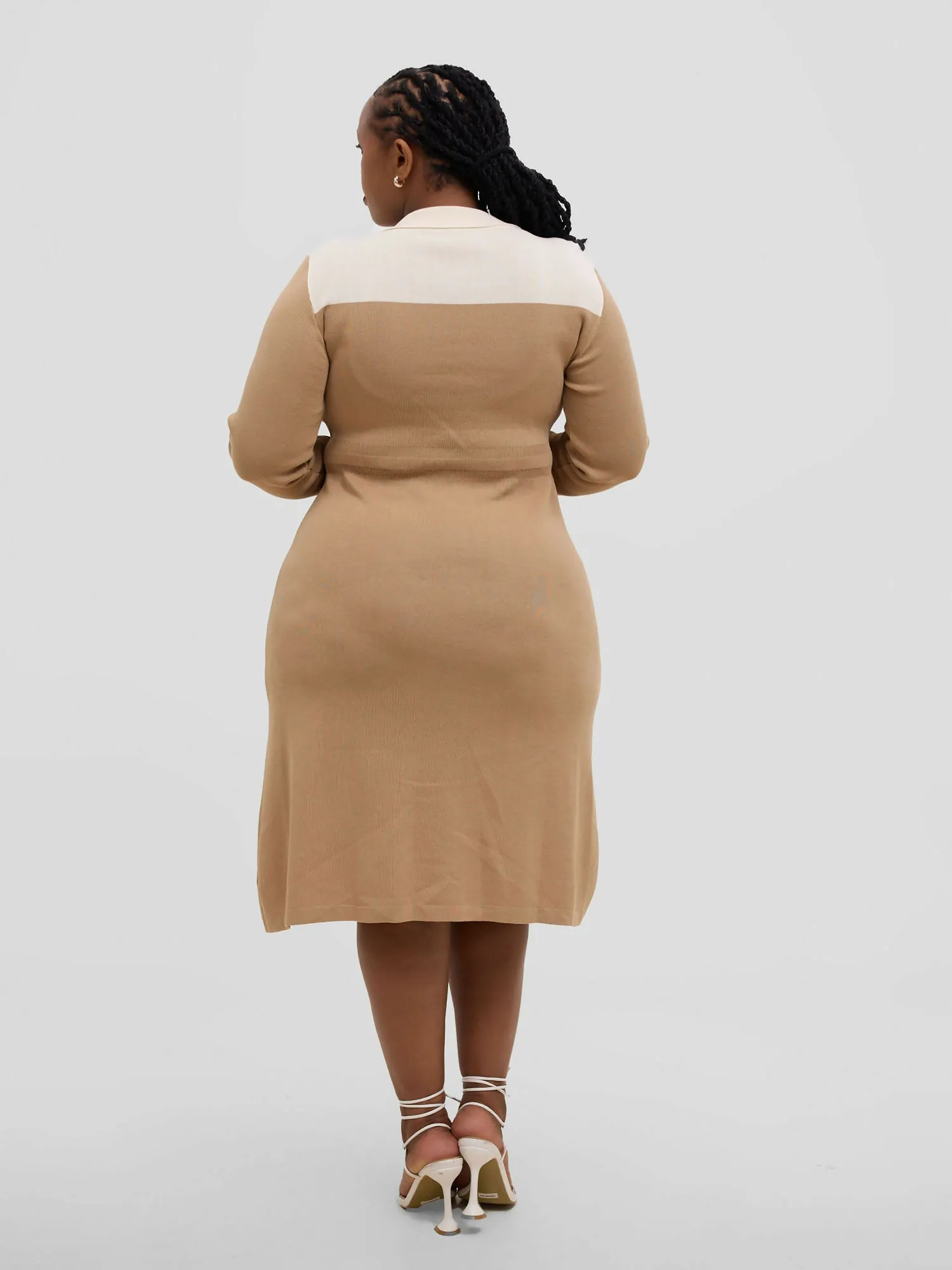 Hessed Long-Sleeve Half-Buttoned Midi Sweater Dress - Beige