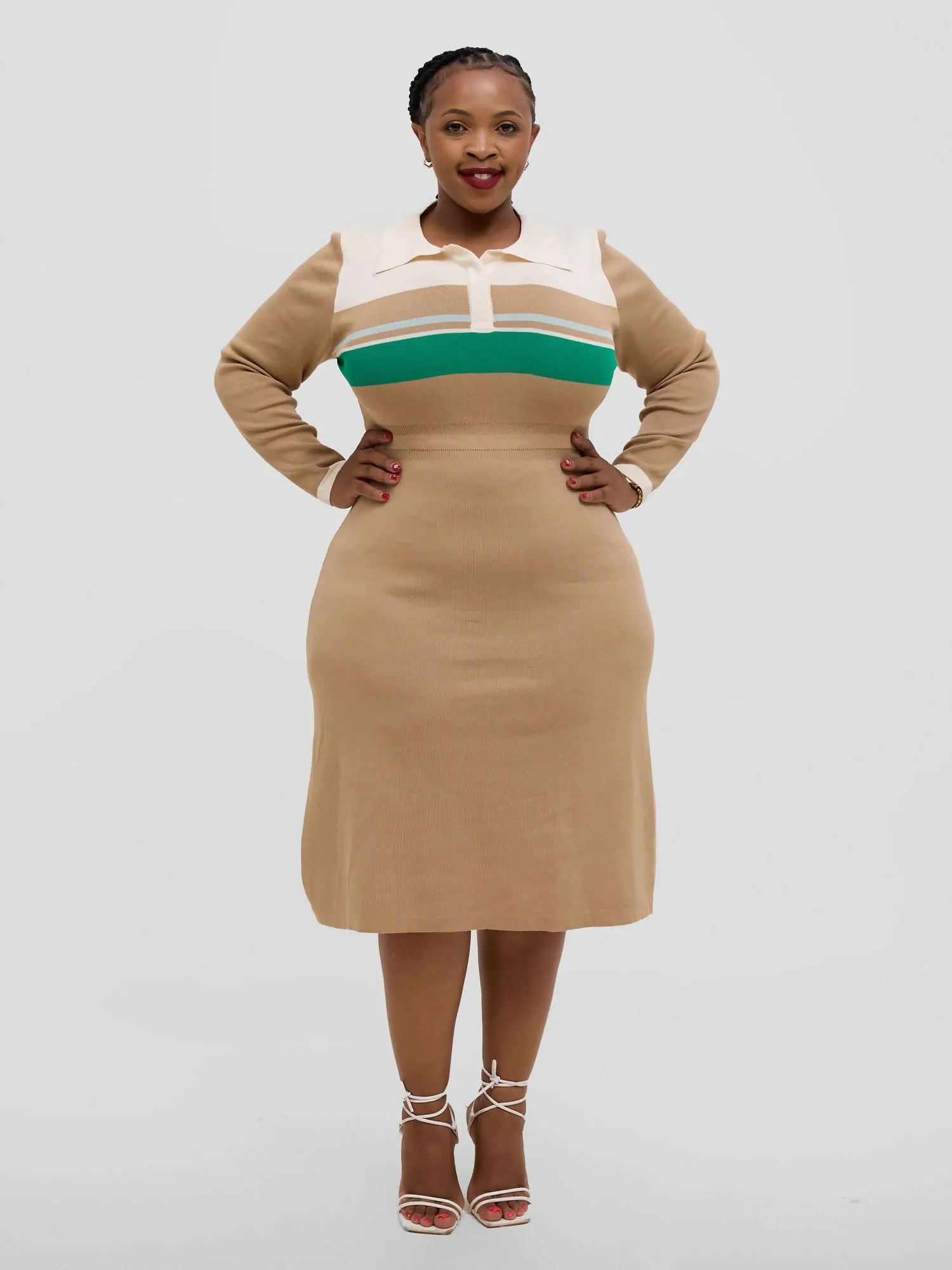 Hessed Long-Sleeve Half-Buttoned Midi Sweater Dress - Beige