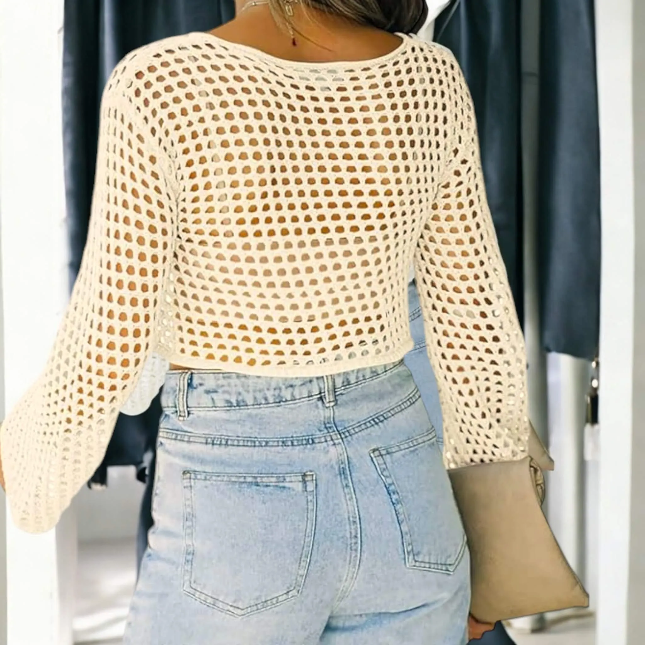 Hollow Out Bell Sleeve Knit Crop Top