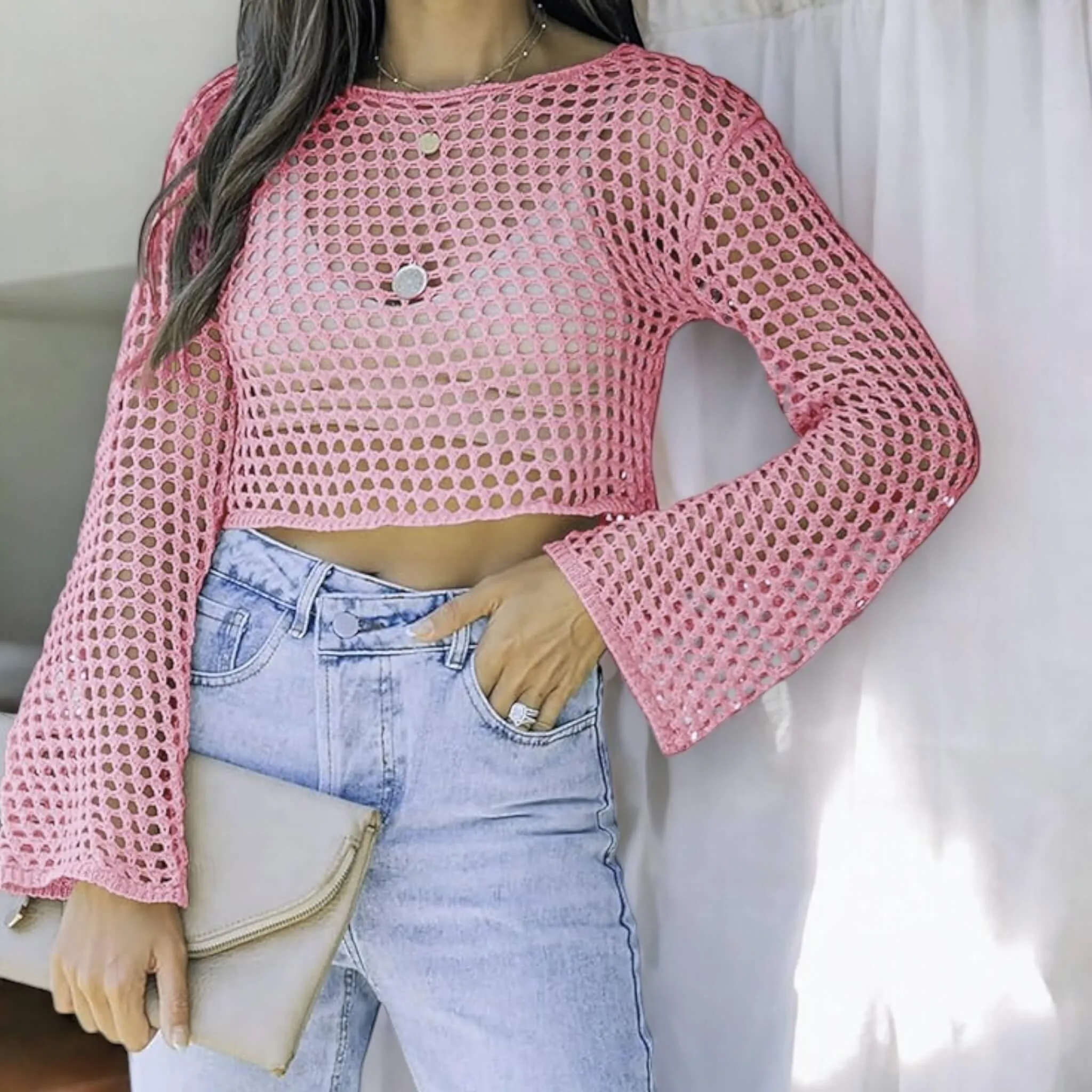 Hollow Out Bell Sleeve Knit Crop Top