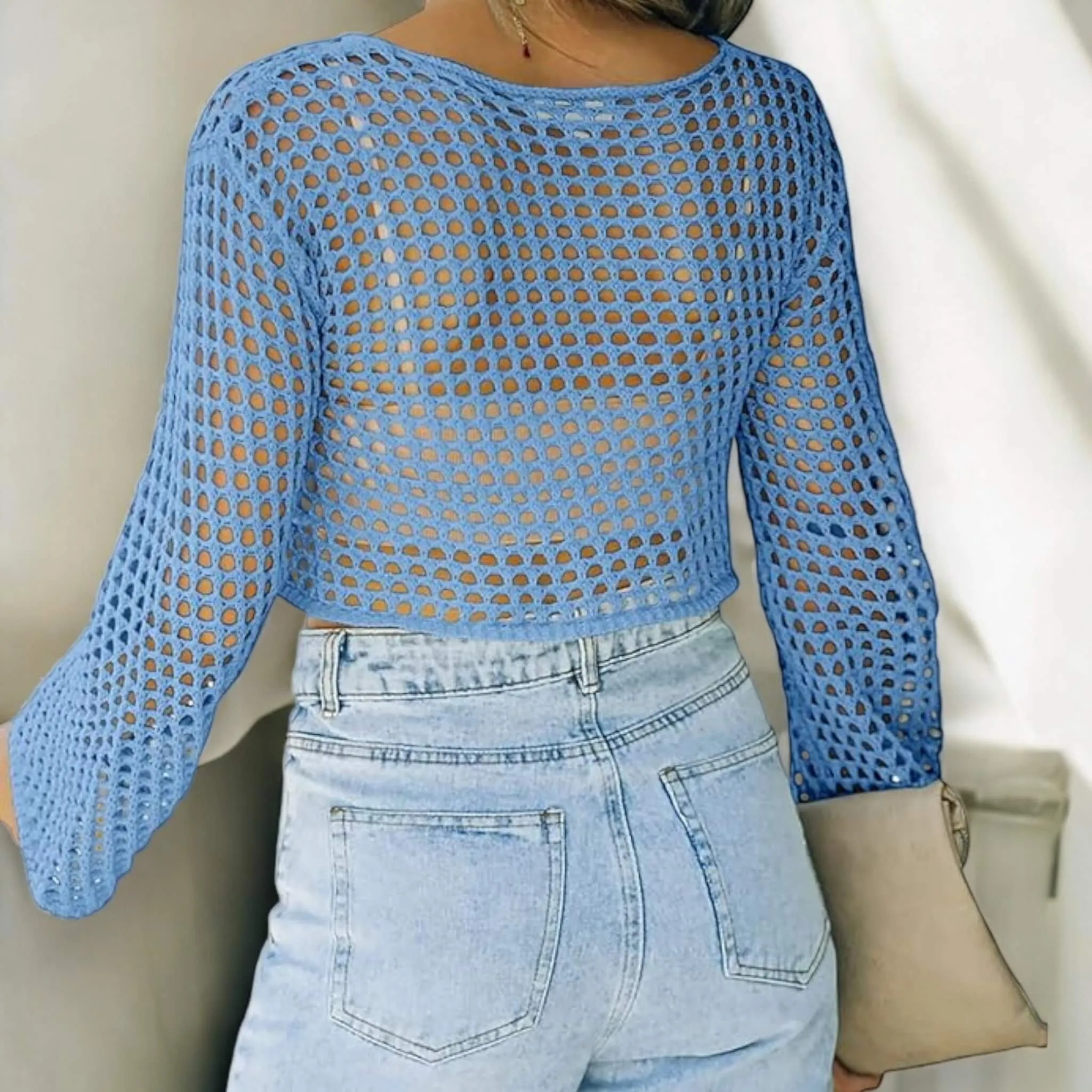 Hollow Out Bell Sleeve Knit Crop Top