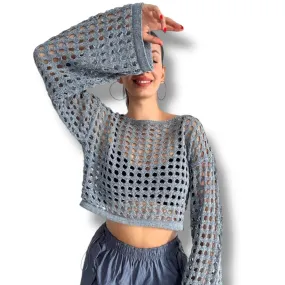 Hollow Out Bell Sleeve Knit Crop Top