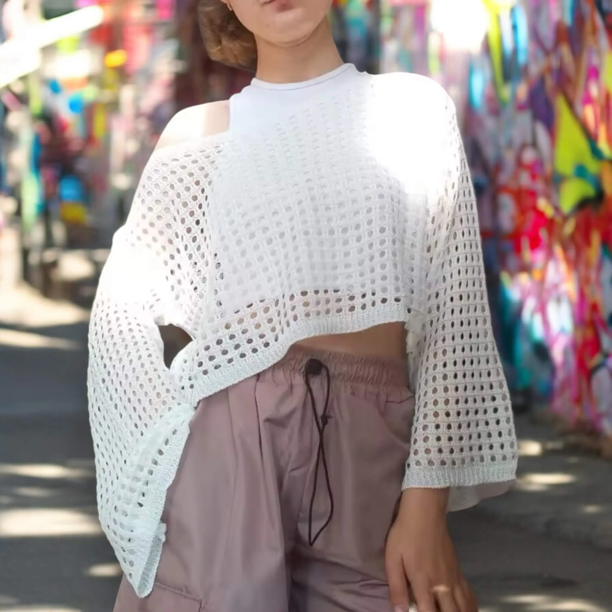 Hollow Out Bell Sleeve Knit Crop Top