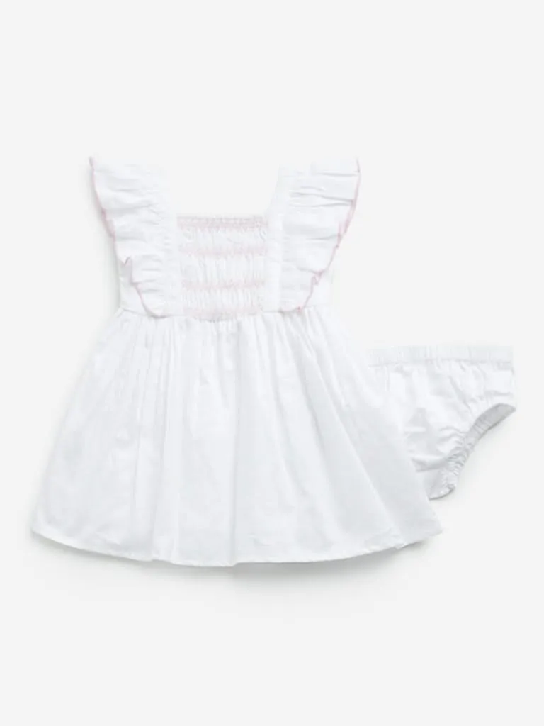 HOP Baby White Smocked A-Line Cotton Dress with Shorts Set