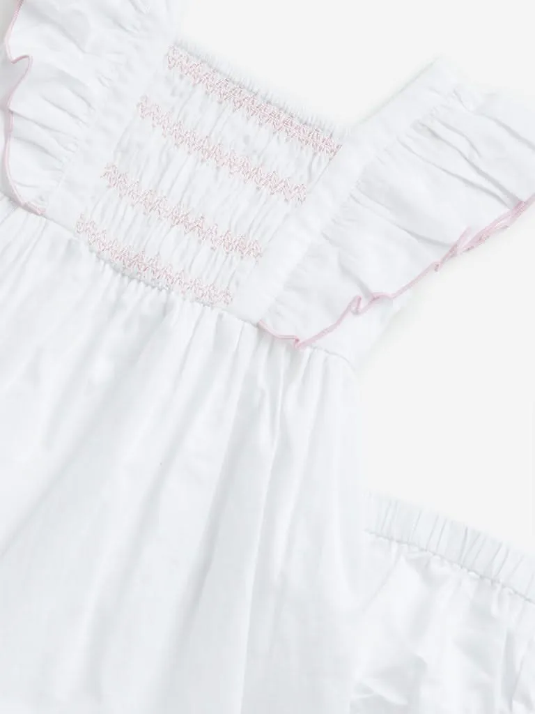 HOP Baby White Smocked A-Line Cotton Dress with Shorts Set