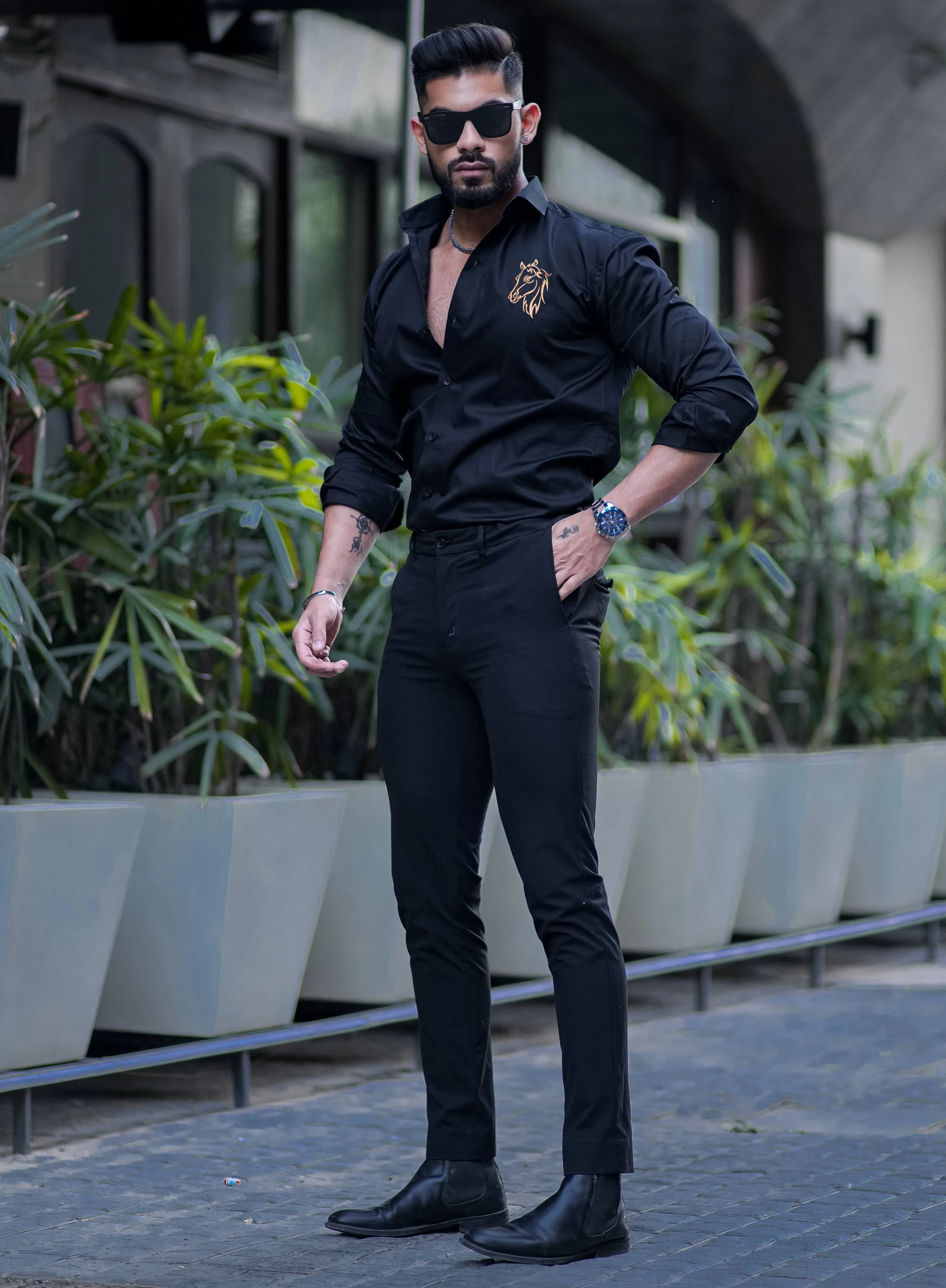 Horse Embroidered Black Luxury Cotton Shirt For Men