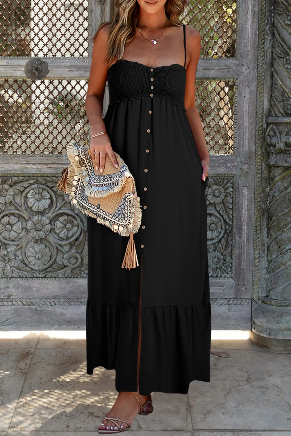 I wish you would Black Smocked Maxi Dress