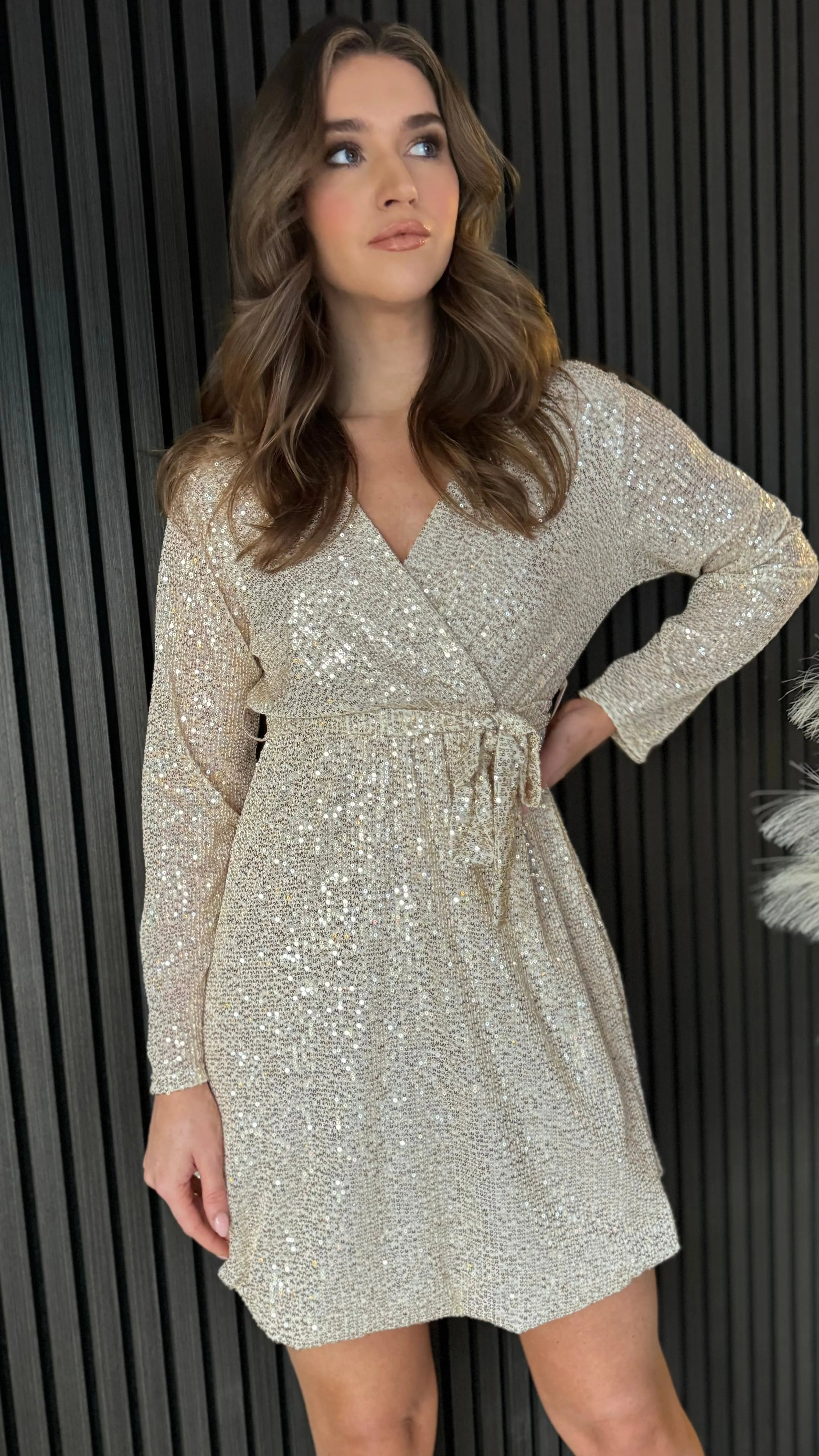 Jess Champagne sequin Belted Mini Dress