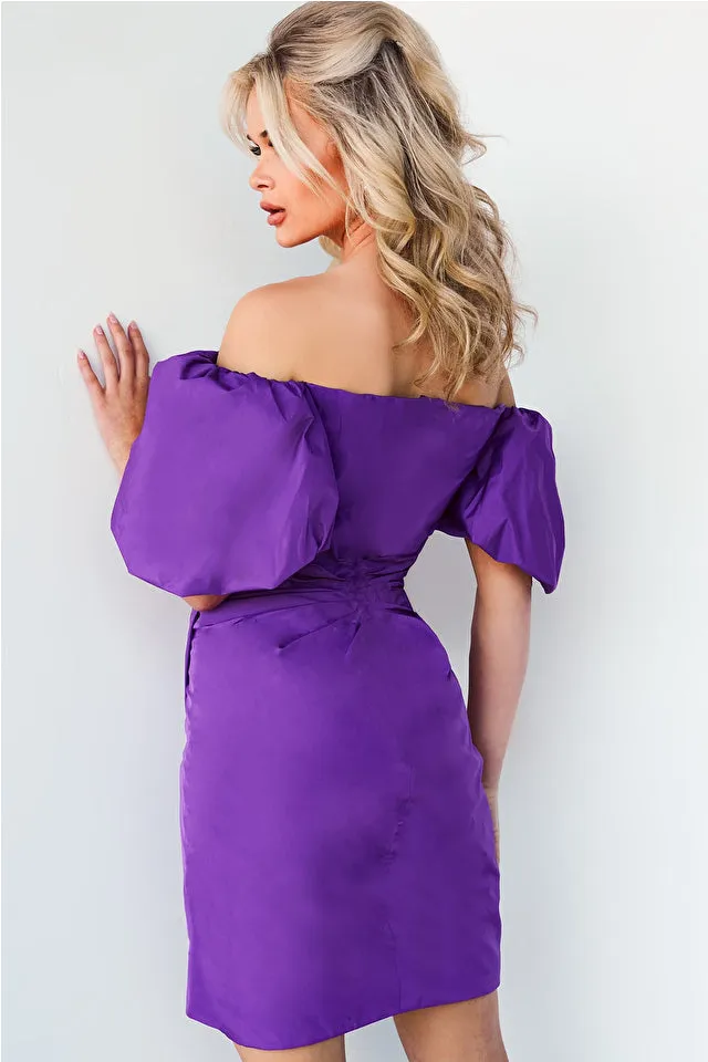Jovani 09476 Off The Shoulder Cocktail Dress Puff Sleeve Ruched Wrapped Skirt Sweetheart Neckline Homecoming Dress