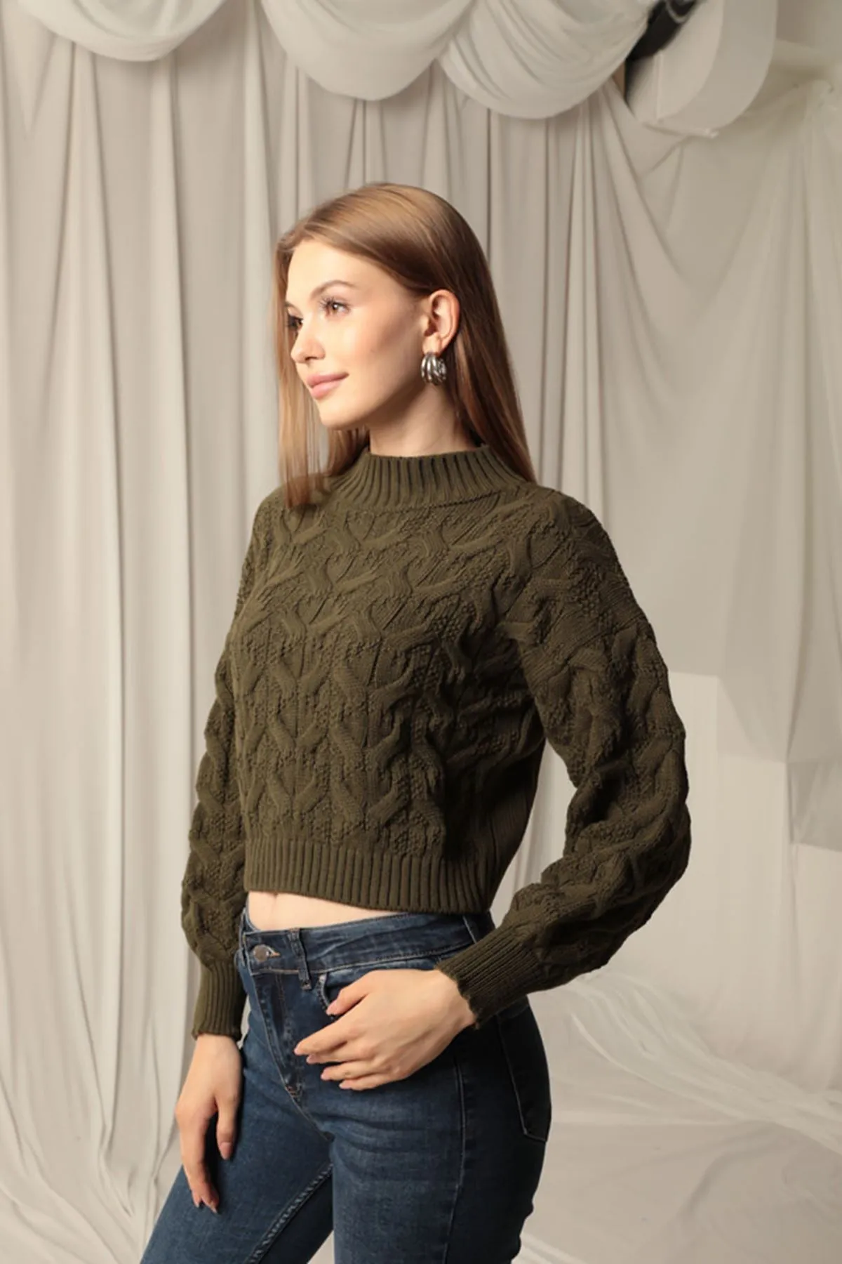KKT Knitwear Fabric Knit Detail Women's Khaki Sweater - Wigan
