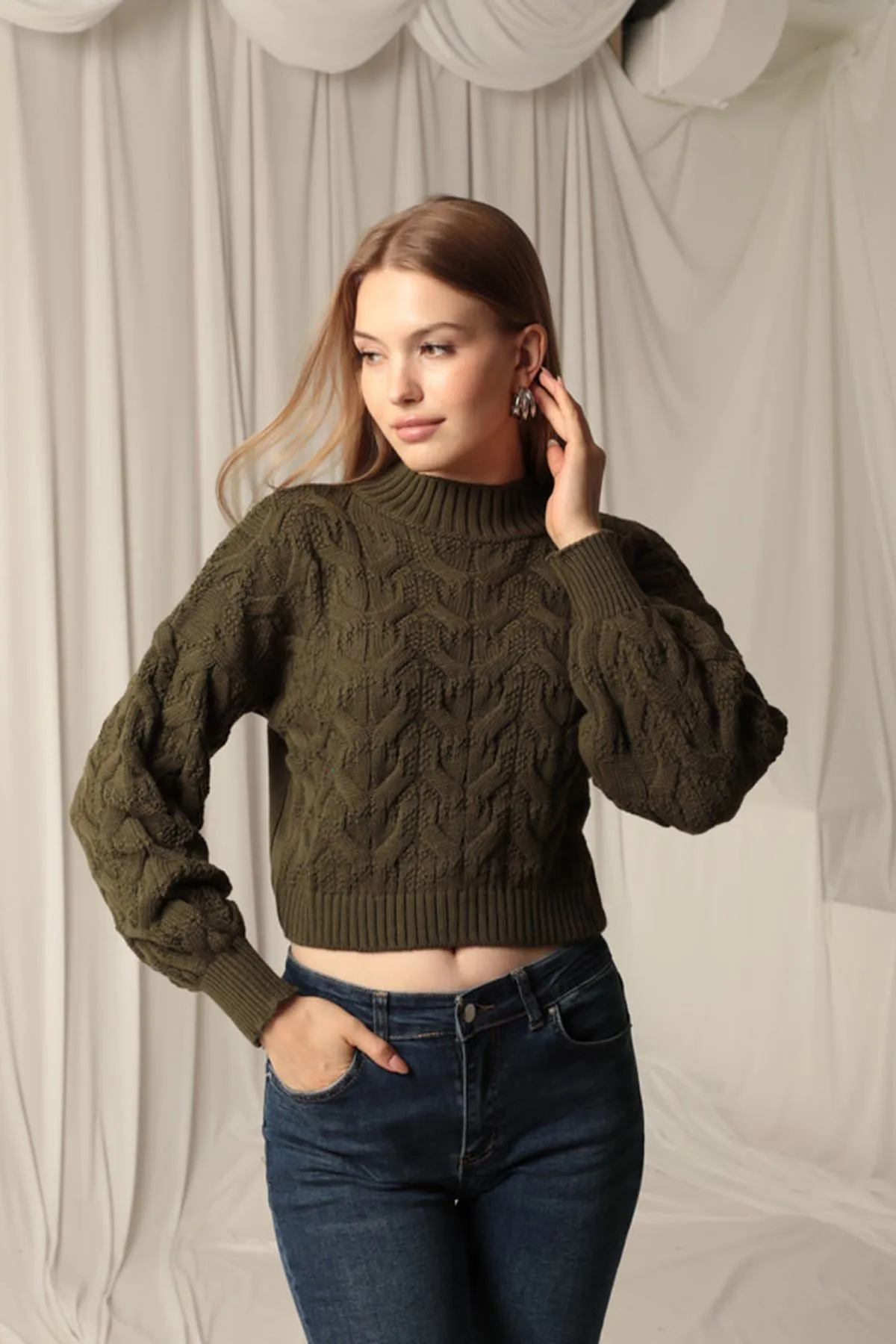 KKT Knitwear Fabric Knit Detail Women's Khaki Sweater - Wigan