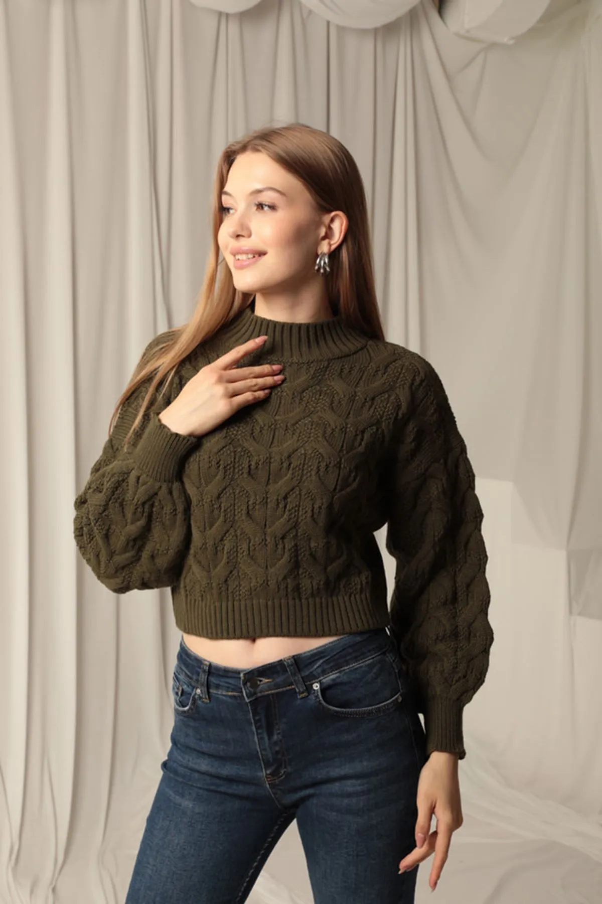 KKT Knitwear Fabric Knit Detail Women's Khaki Sweater - Wigan