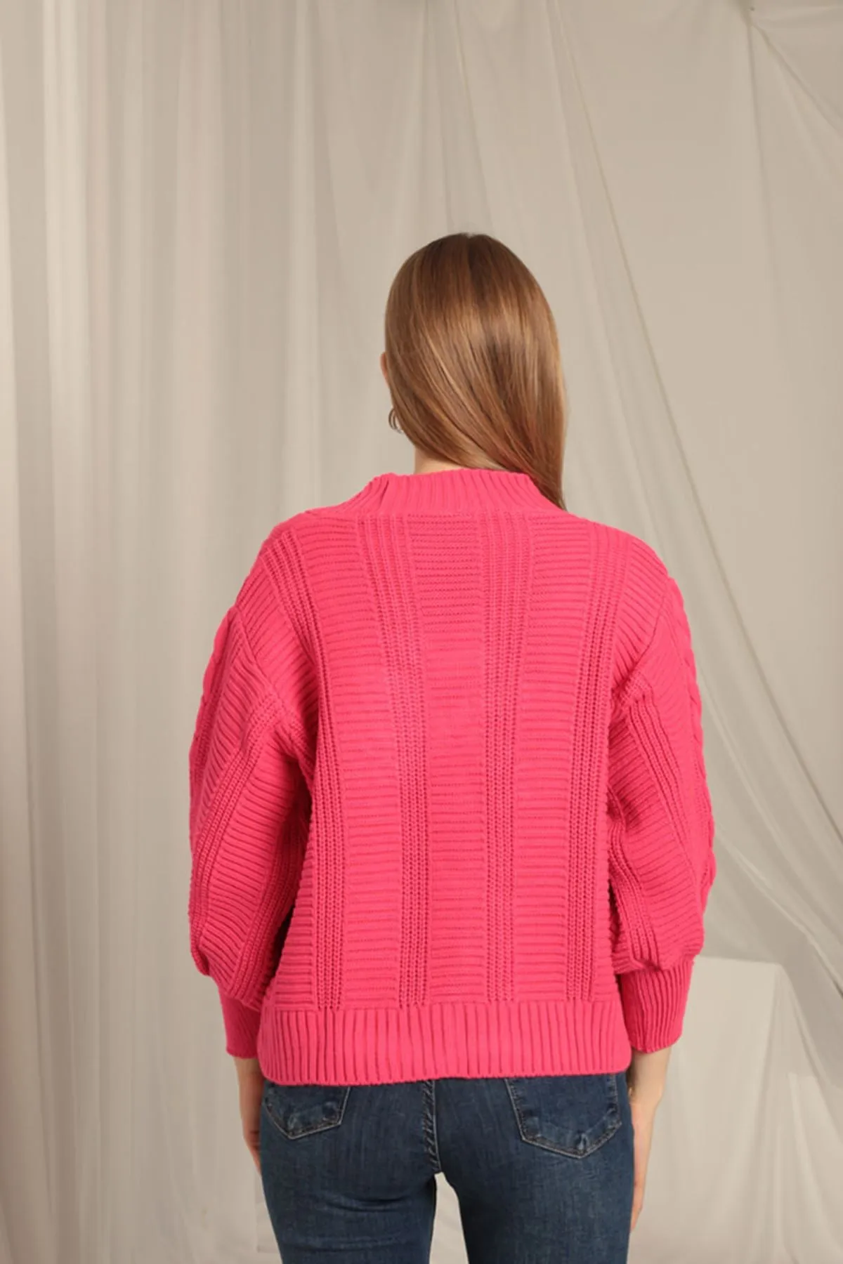 KKT Knitwear Fabric Knit Detailed Women's Fuchsia Cardigan - Rochester Hills