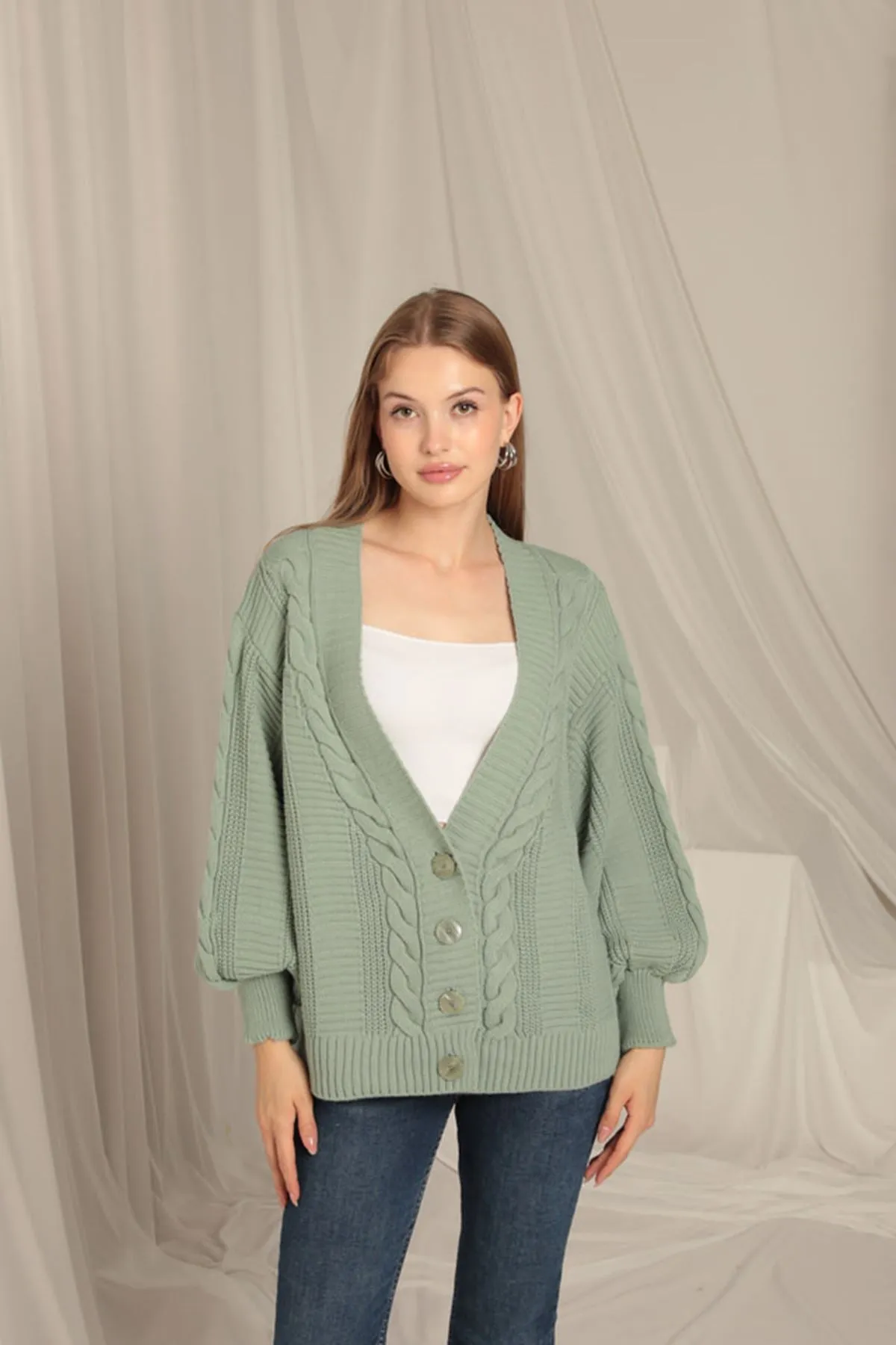 KKT Knitwear Fabric Knit Detailed Women's Mint Cardigan - Nichelino