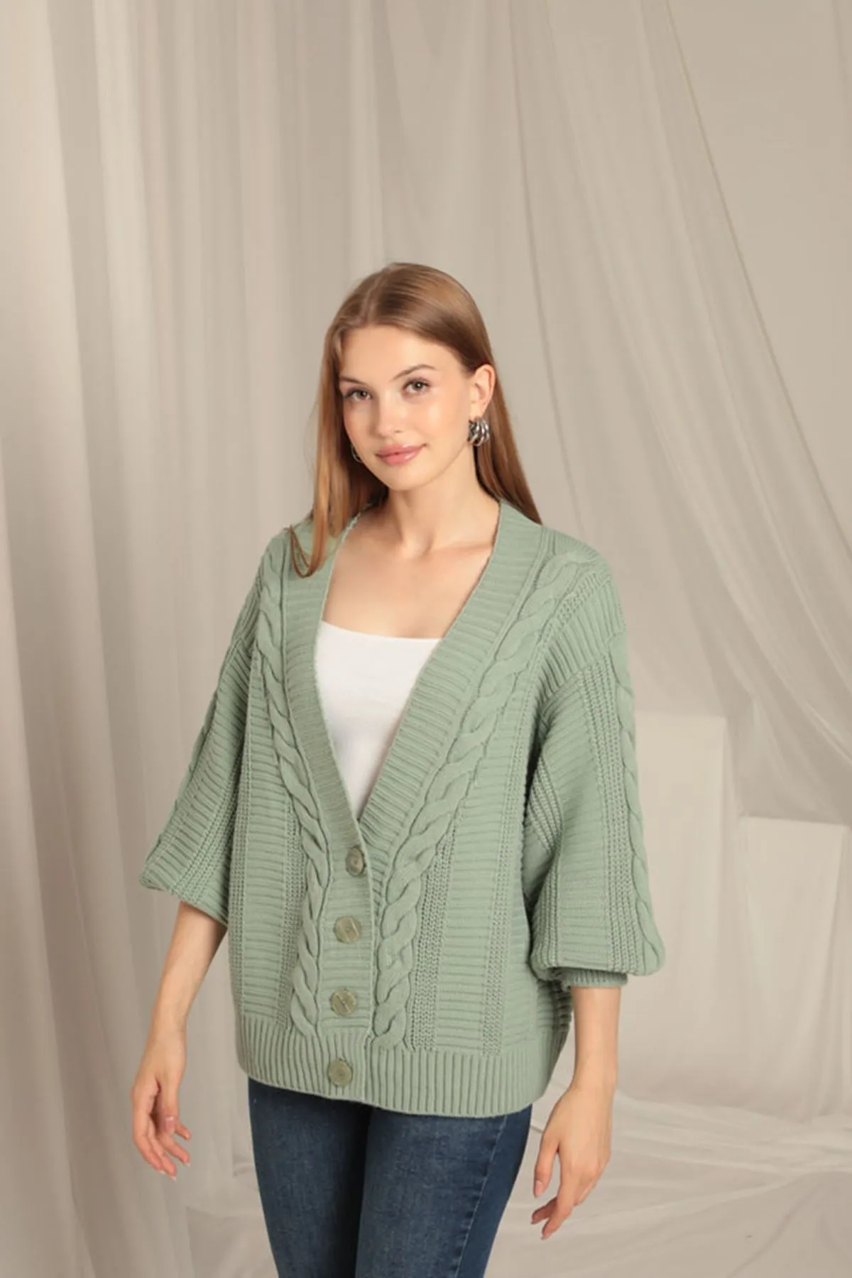 KKT Knitwear Fabric Knit Detailed Women's Mint Cardigan - Nichelino