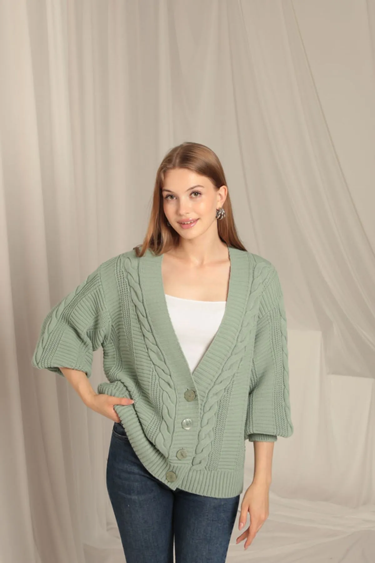 KKT Knitwear Fabric Knit Detailed Women's Mint Cardigan - Nichelino