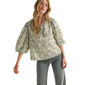 Lace Trimmed Bubble Sleeve Top