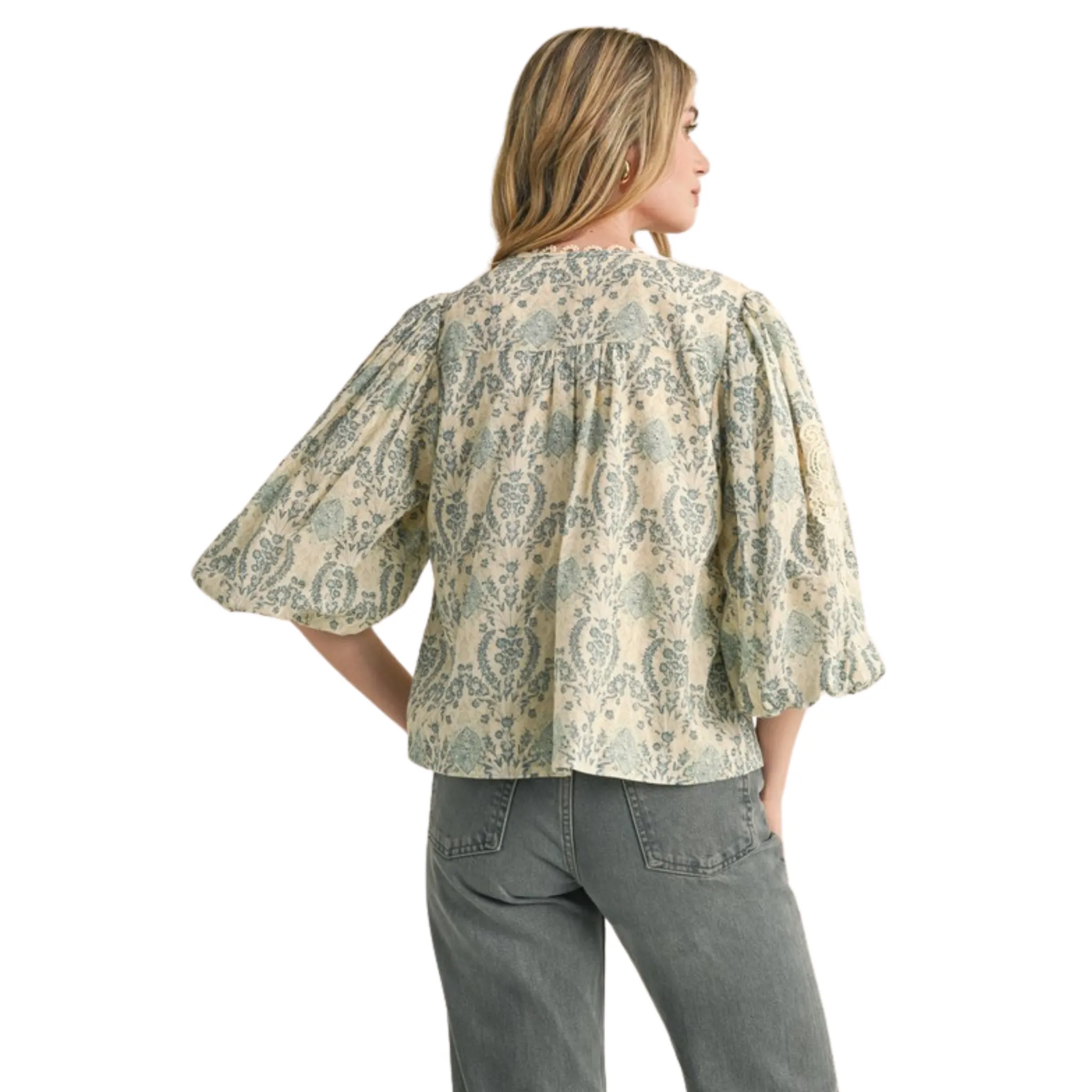 Lace Trimmed Bubble Sleeve Top