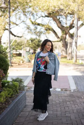 Layered Fringe Midi Skirt
