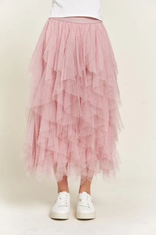 Layered Ruffle Mesh A-Line Skirt