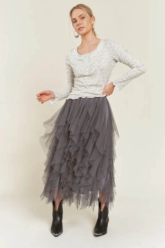 Layered Ruffle Mesh A-Line Skirt