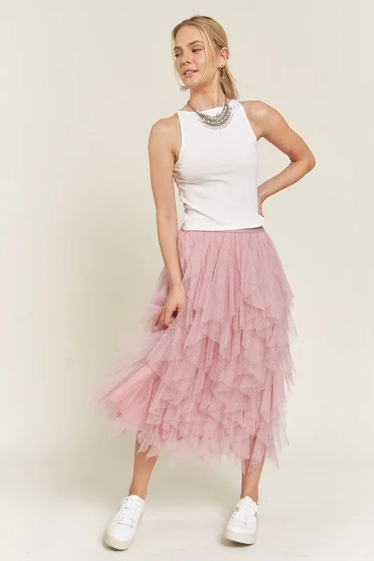 Layered Ruffle Mesh A-Line Skirt