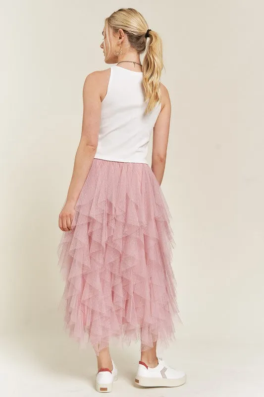 Layered Ruffle Mesh A-Line Skirt