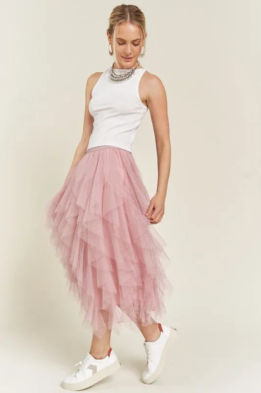 Layered Ruffle Mesh A-Line Skirt