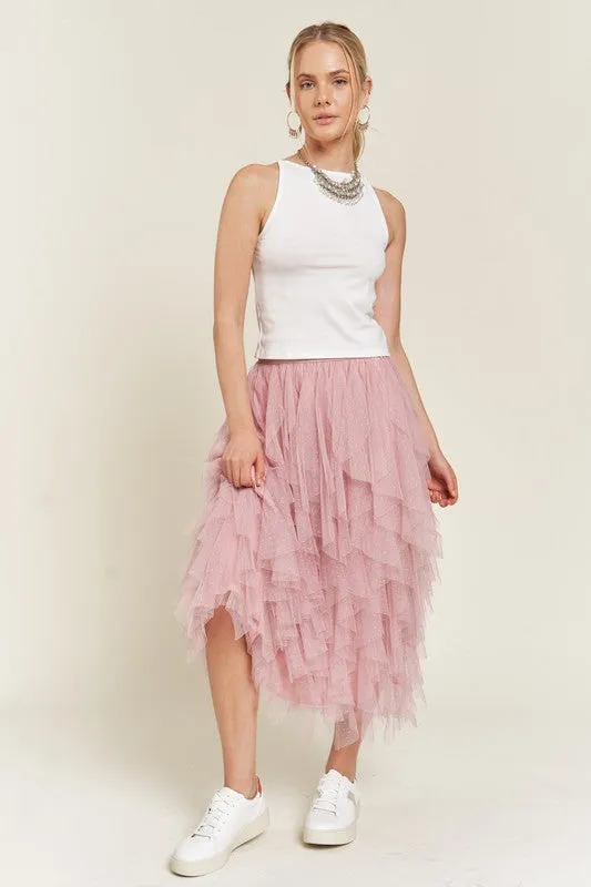 Layered Ruffle Mesh A-Line Skirt