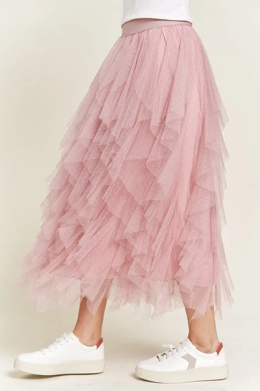 Layered Ruffle Mesh A-Line Skirt