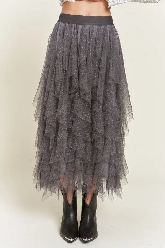 Layered Ruffle Mesh A-Line Skirt