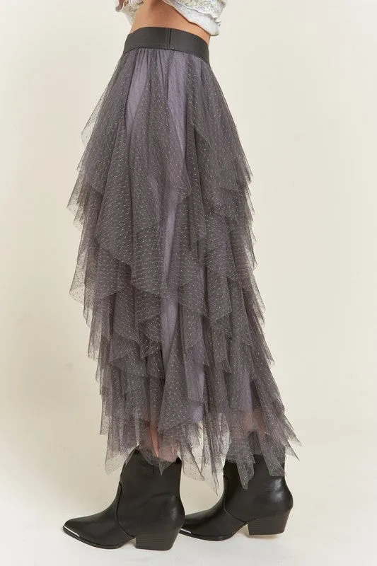 Layered Ruffle Mesh A-Line Skirt
