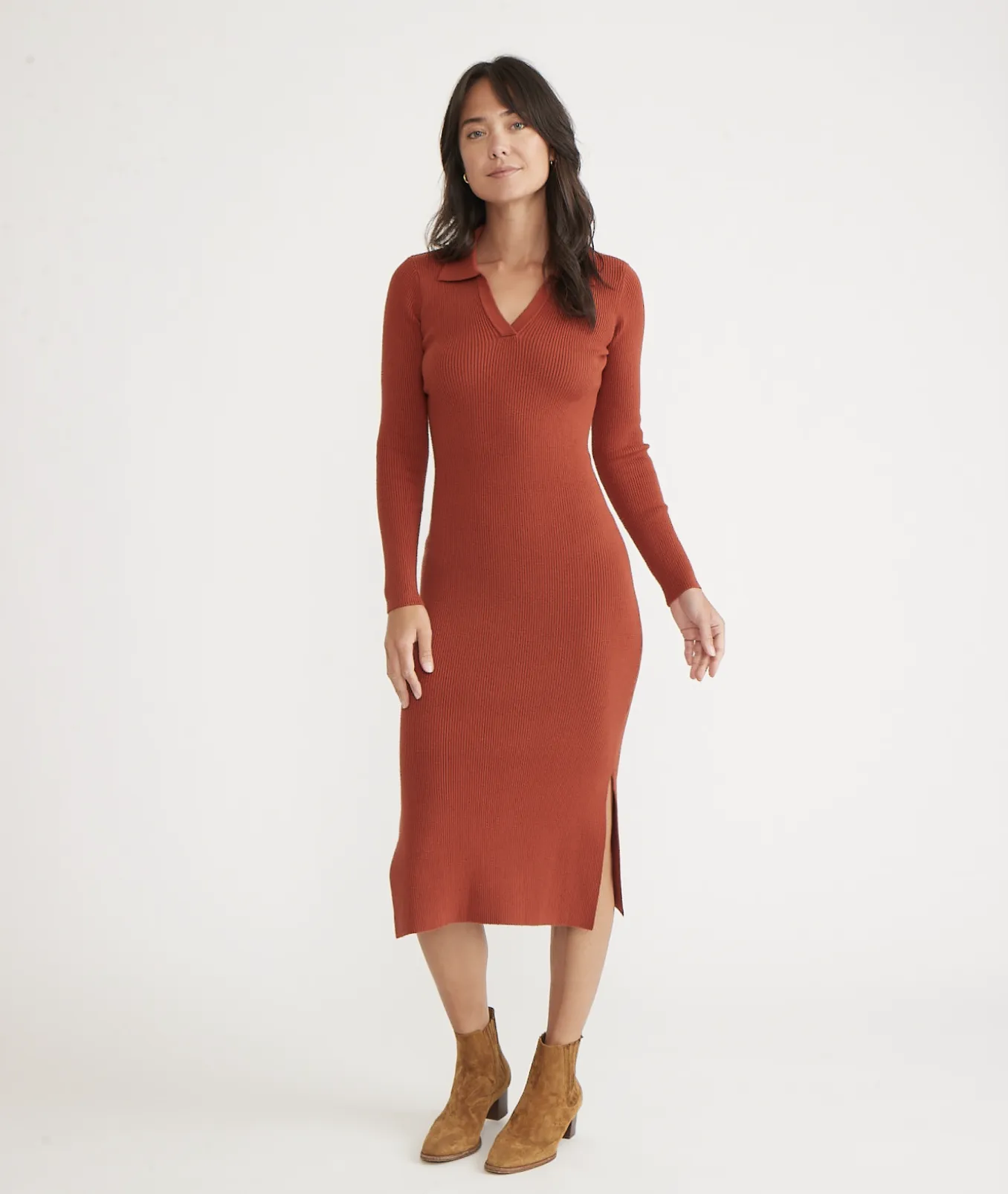 Lexi Rib Long Sleeve Sweater Polo Dress - Burnt Henna